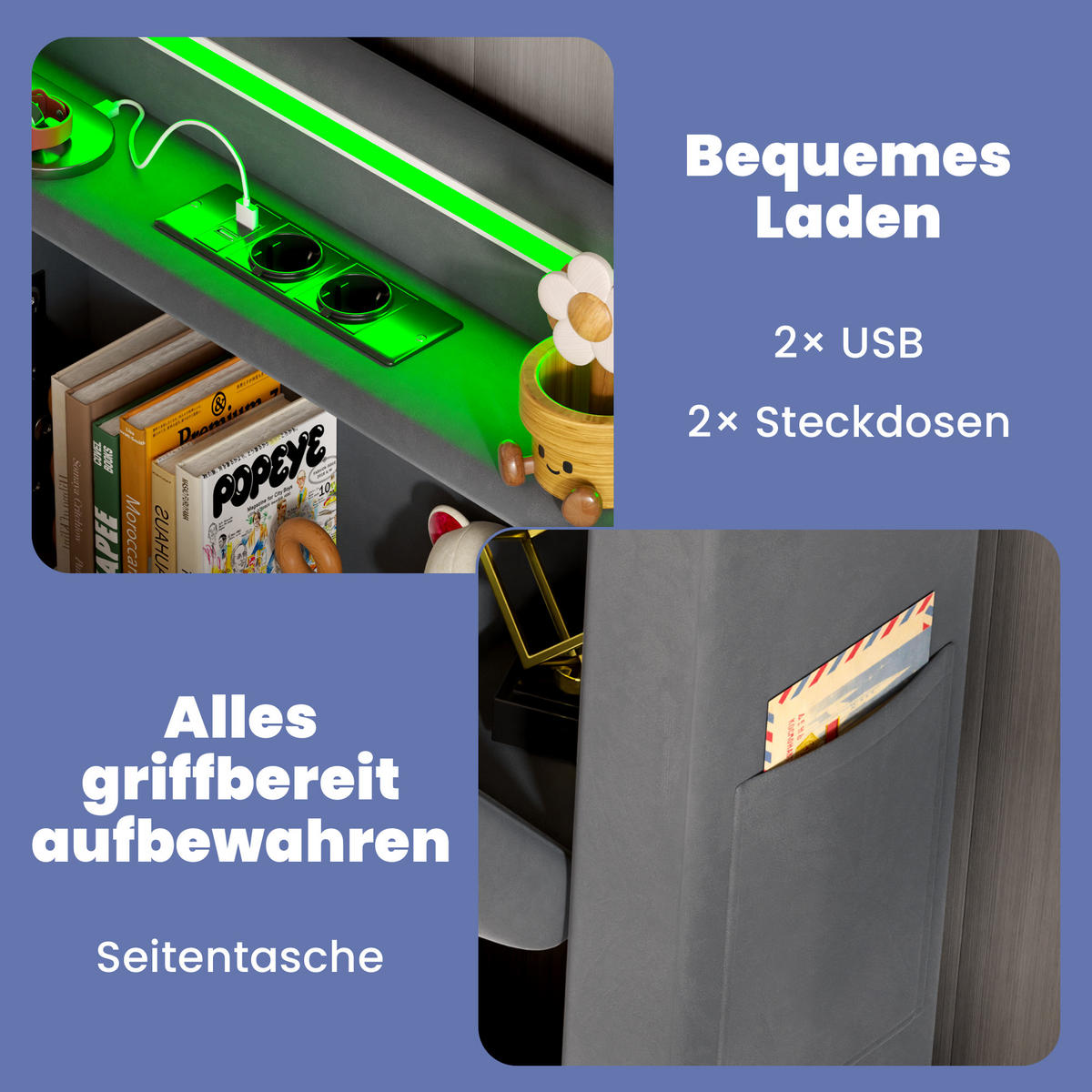 POLSTERBETT 90/200 cm Grau mit LED-Lichtleiste und USB-Anschlüssen - Grau, Holzwerkstoff (90/200cm) - OKWISH