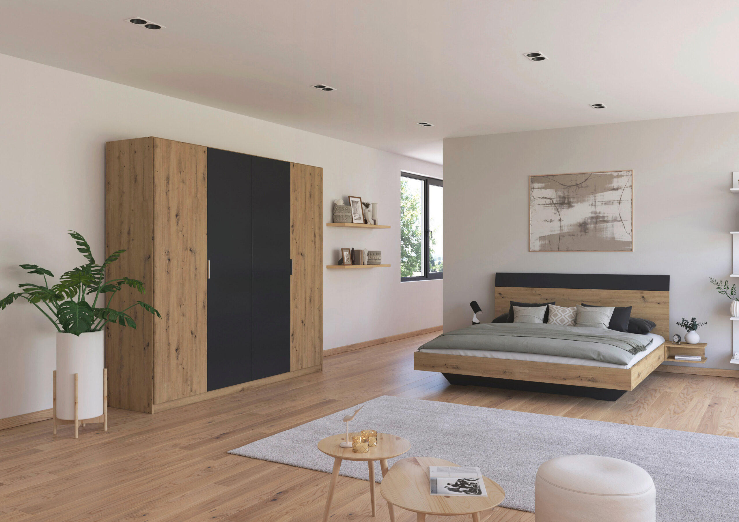 SCHLAFZIMMER Monza in Eiche Artisan und Grau Metallic mit Bettanlage 180x200cm, 2 Nachttischen und Drehtürenkleiderschrank 4türig ohne Spiegel - Braun, Holzwerkstoff (80/200/120cm)