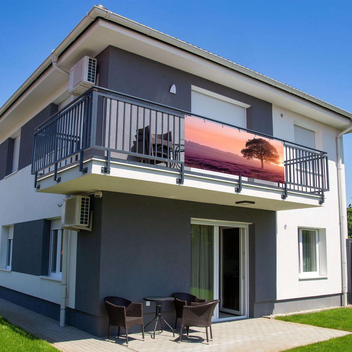 BALKON-SICHTSCHUTZ Baum - Heidekraut - Sonnenaufgang - Flieder, Kunststoff (200/90cm) - MuchoWow