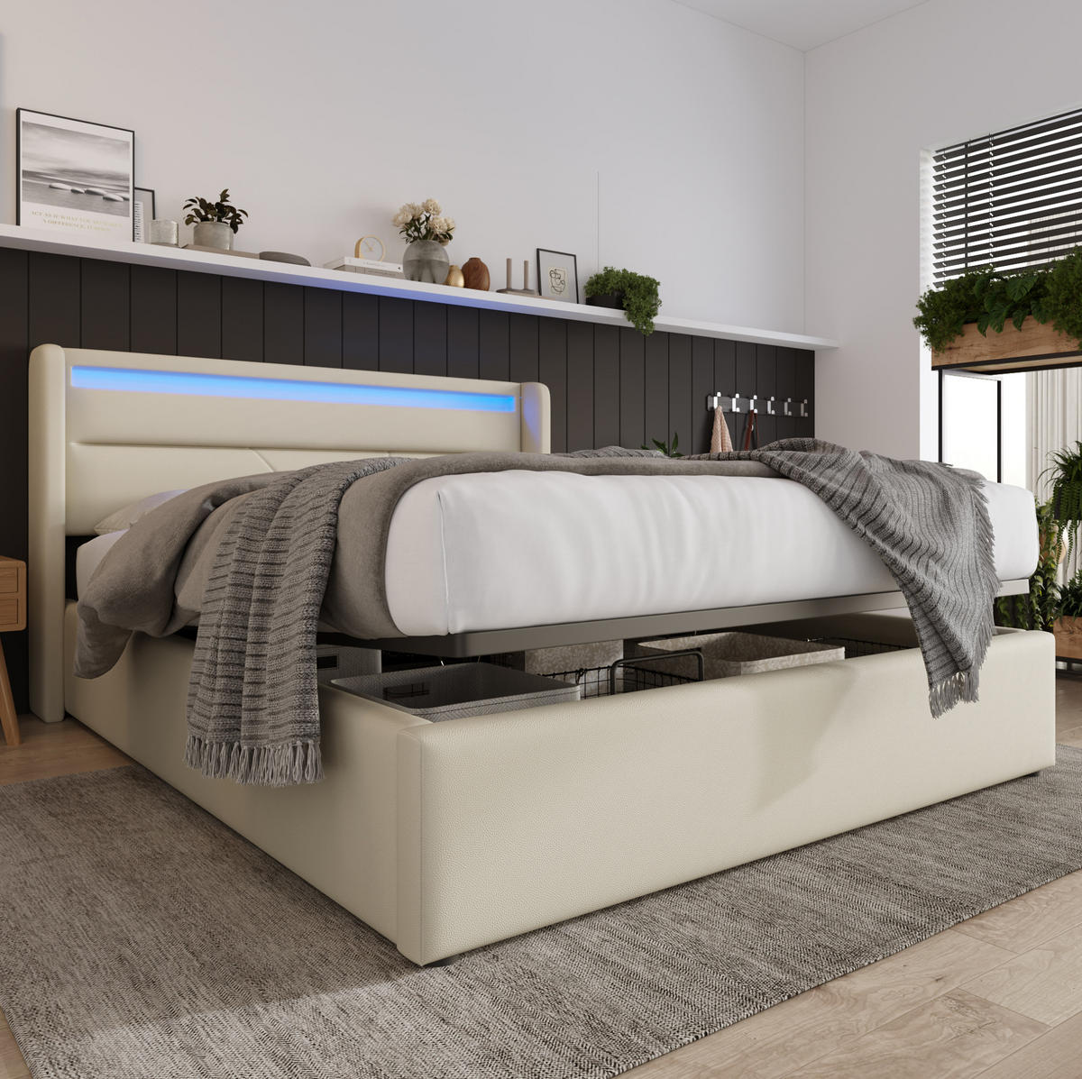 ČALÚNENÁ posteľ 140/200 cm s LED osvetlením, hydraulickým úložným priestorom a diaľkovým ovládaním, Biela - biela, plast (140/200cm) - Redom