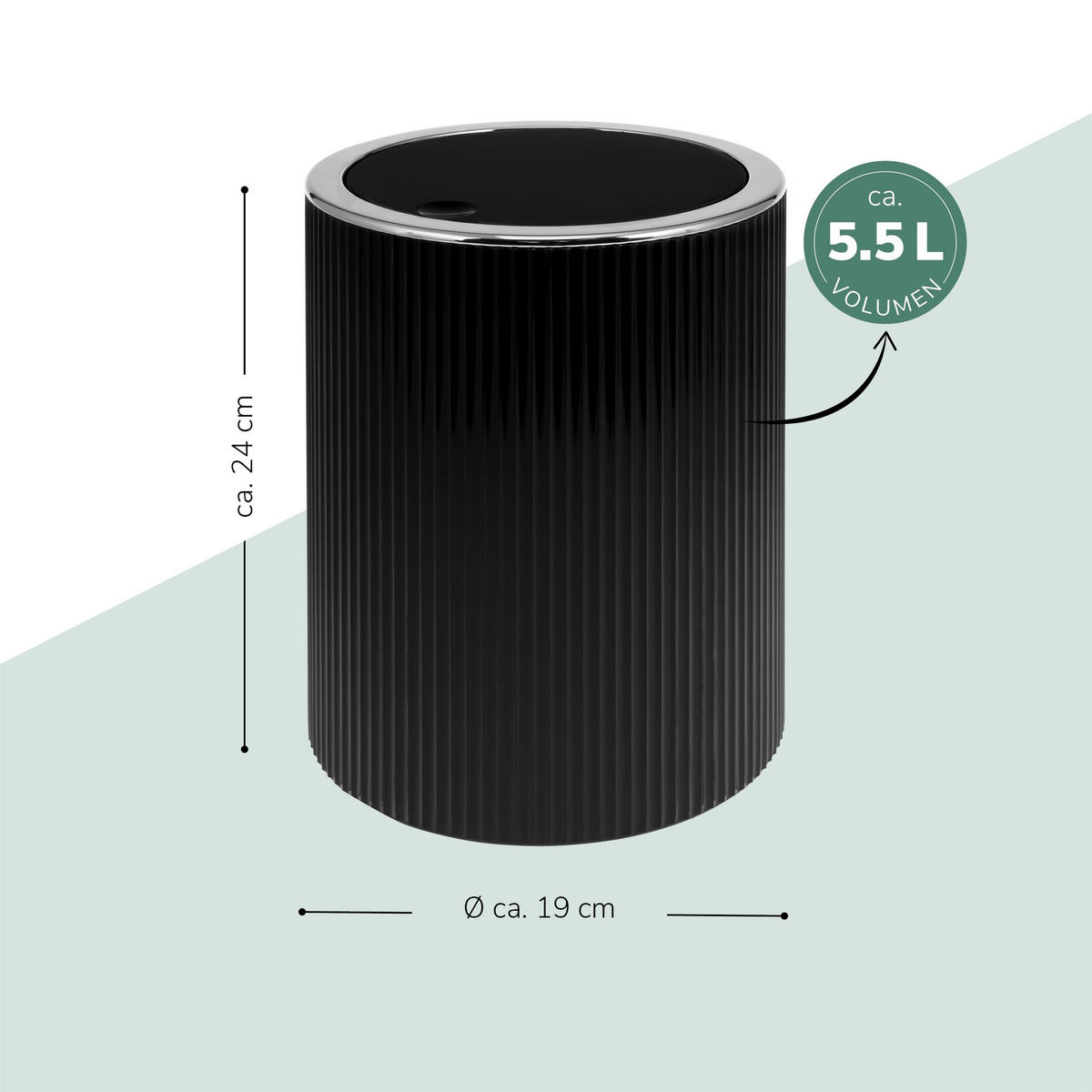 KOSMETIKEIMER 5,5 Liter, GAVELLO schwarz, Kunststoff - Schwarz, Kunststoff (19/24.5/19cm) - bremermann