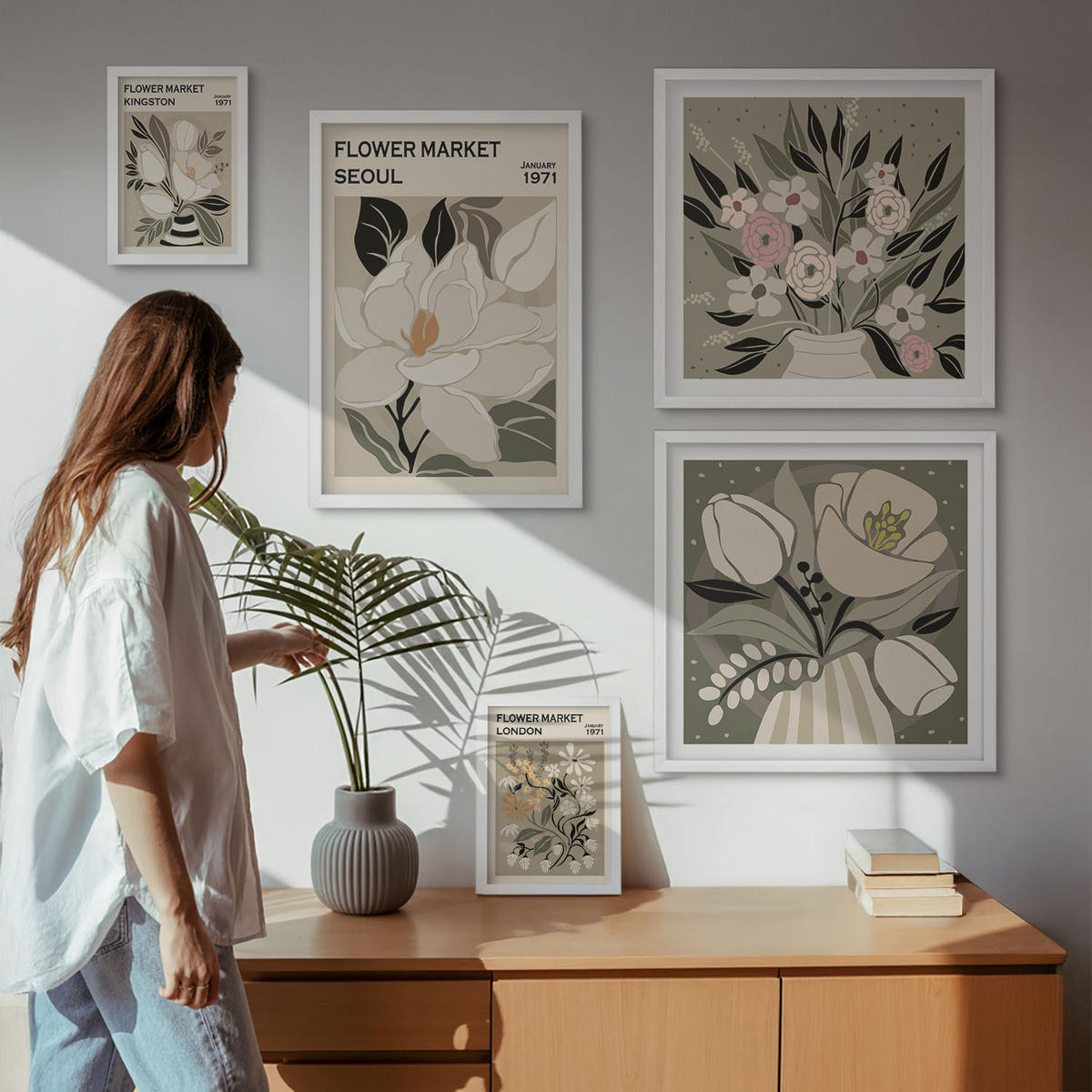 WANDBILDER 5er-Set - 50x50 cm & 20x30 cm & 40x60 cm Weißer Rahmen - Retro-Blumen aus Städten rund um die Welt - Weiß, Kunststoff (40/60cm) - ArtPrintCave