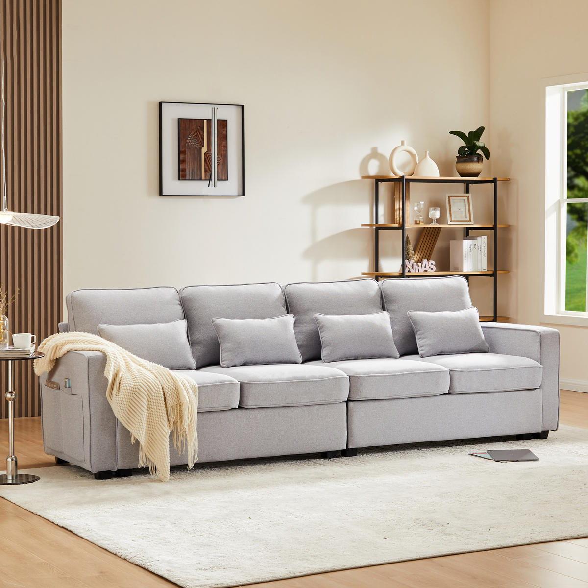 4-SITZER Sofa Leinenstoff mit Taschen an Armlehnen und 4 Kissen 264/83/87 cm Hellgrau - Hellgrau, Textil (87/264/83cm) - Redom