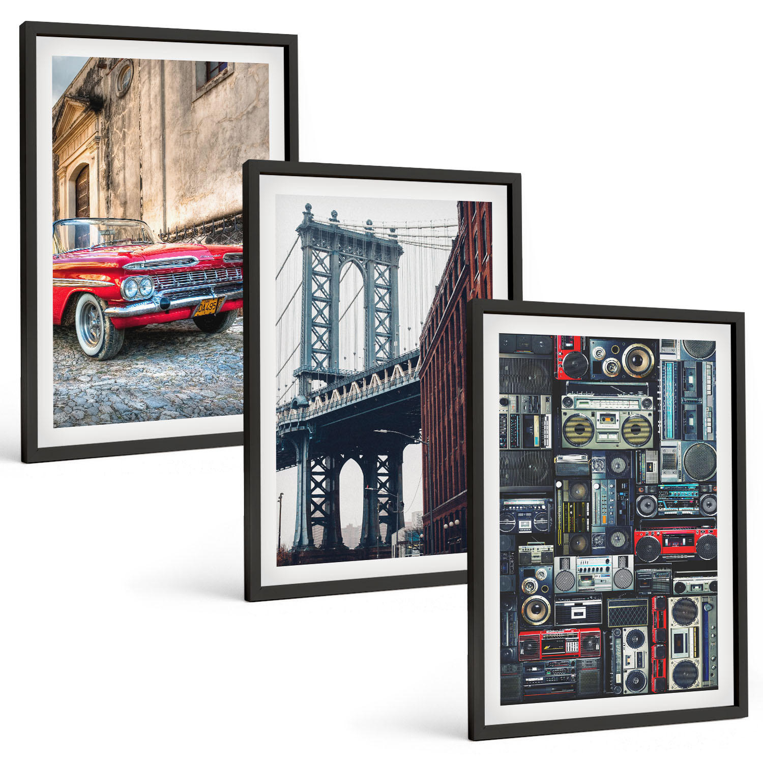 BILDER SET 3er Set - 40x60 cm Schwarzer Rahmen - Alte Autobrücke Brooklyn Retro-Audio - Schwarz, Kunststoff (40/60cm) - TULUP