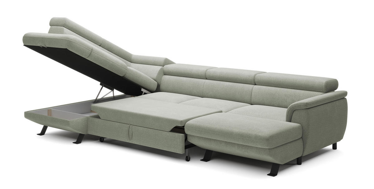 ECKSCHLAFSOFA Raven XL, Verstellbaren Kopfstützen, Bettkasten, Großes Sofa 334x198x162cm Linke, Sand - Sandfarben, Holz/Textil (198/334cm) - DomoHome