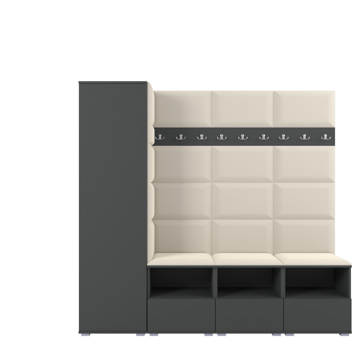 GARDEROBE NELA IX 200 cm (Modulare Flurmöbel Graphit mit Sitzpolster Creme 01 Breite Sitzbank) - Silberfarben/Creme, Holz/Holzwerkstoff (200/187/40cm) - Ravio