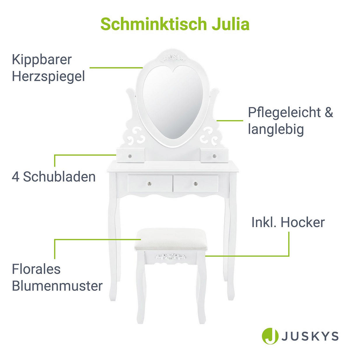 SCHMINKTISCH Julia weiß mit Herzspiegel und Hocker - Weiß, Holzwerkstoff (74/138/40cm) - Juskys