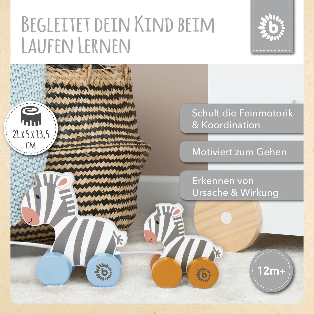 NACHZIEHSPIELZEUG Zebra Clara und Lara - - Weiß, Holz (5/21cm) - Bieco Spielwaren