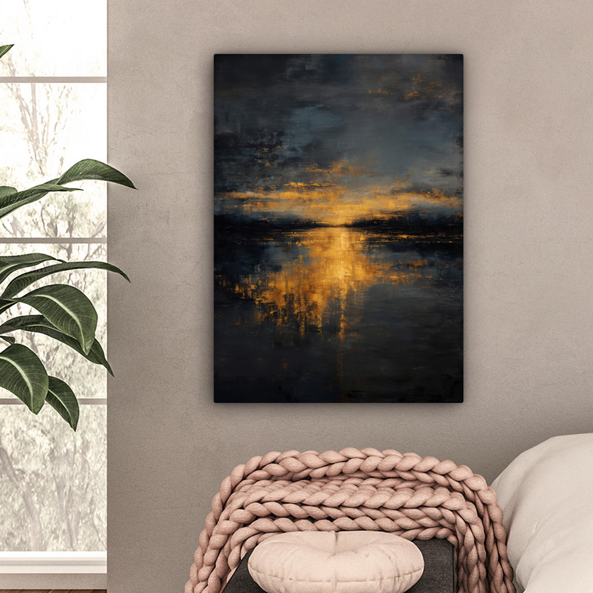 LEINWANDBILD Goldene Reflexion auf dem Wasser Wandbild Wohnzimmer 60x80 cm - Anthrazit, Textil (60/80cm) - MuchoWow