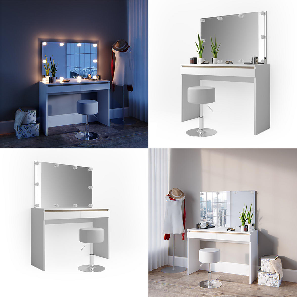 SCHMINKTISCH Emma Weiß 120 cm mit LED Beleuchtung und Hocker - Weiß, Holzwerkstoff (120/83/41.8cm) - Vicco