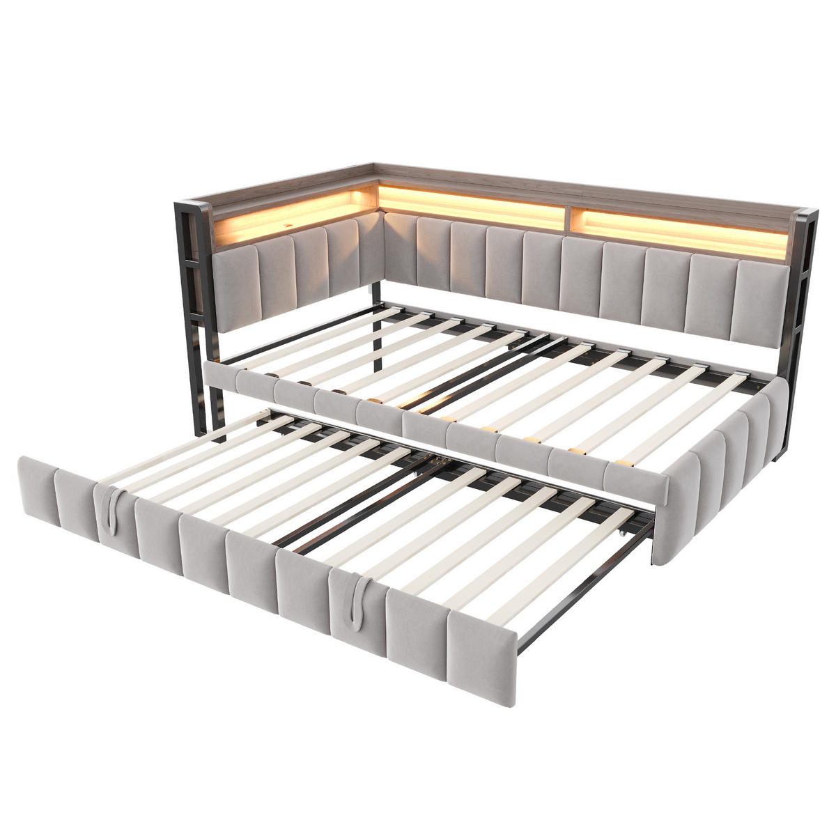 SCHLAFSOFA 90/200 cm & 90/190 cm in Hellgrau Samt mit LED, USB und Ablage - Hellgrau, Holzwerkstoff/Textil (90/200cm) - WISHDOR