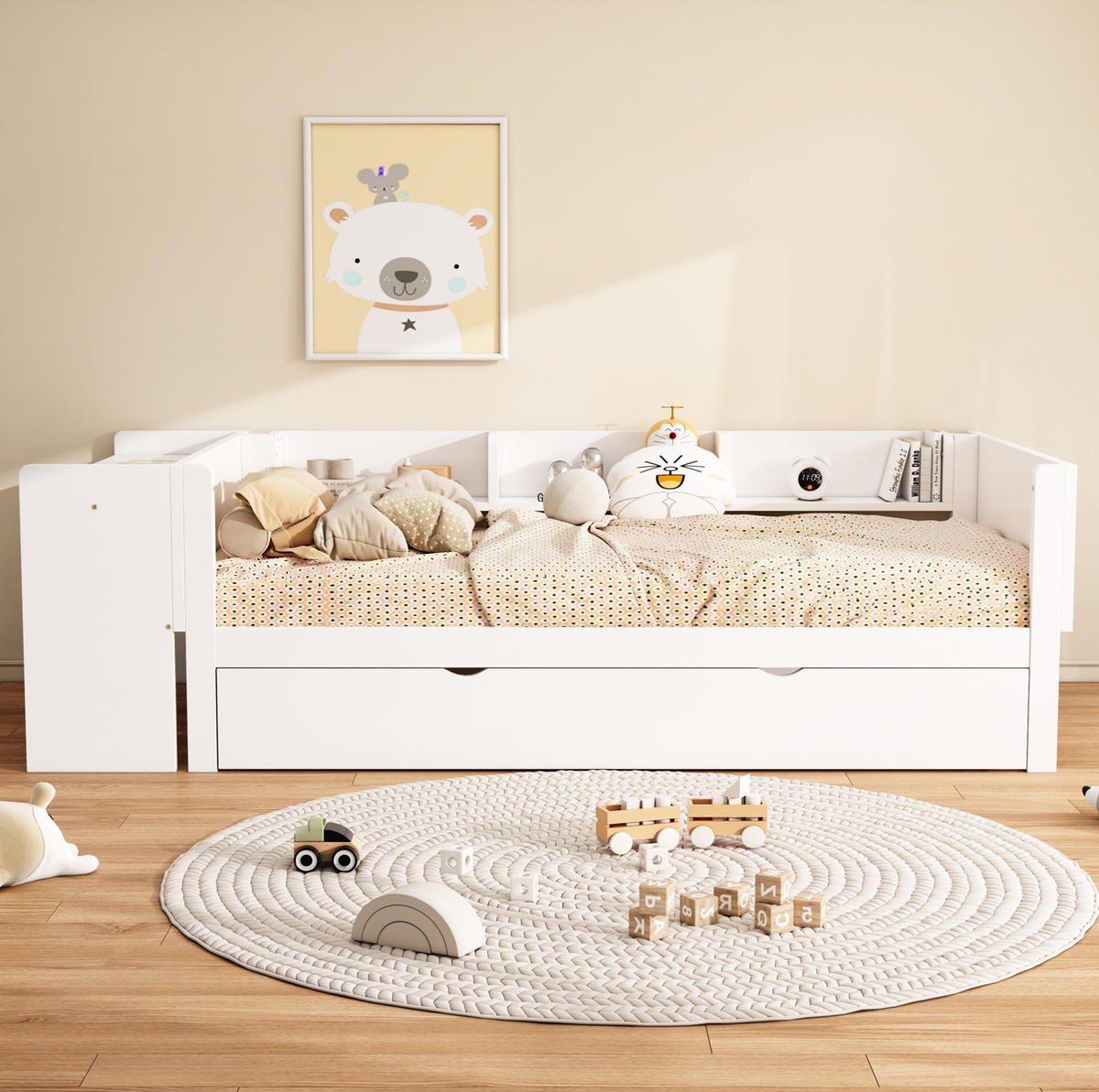 KINDERBETT 90/200 cm in Weiß mit Rollbett, Schreibtisch und Regalen - Weiß, Holzwerkstoff (90/200cm) - BEAOK