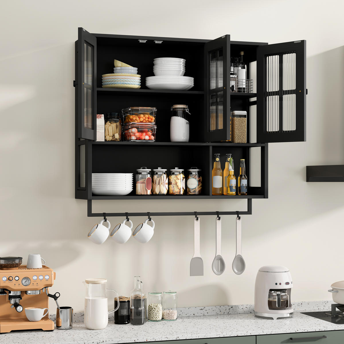 KÜCHENOBERSCHRANK 88x26x82.5 cm in Schwarz aus Sicherheitsglas mit geriffeltem Glas & Handtuchstange - Schwarz, Holzwerkstoff (88/82.5/26cm) - Modfu