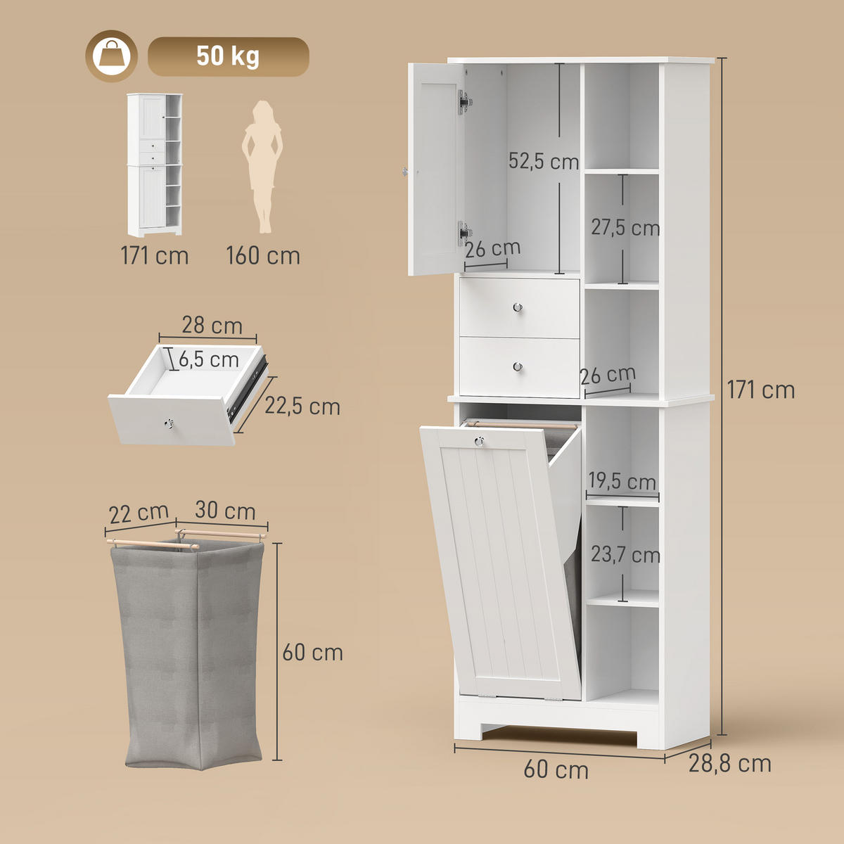 BADEZIMMERSCHRANK MDF Weiß - Weiß, Holzwerkstoff/Metall (28.8/171/60cm) - HOMCOM