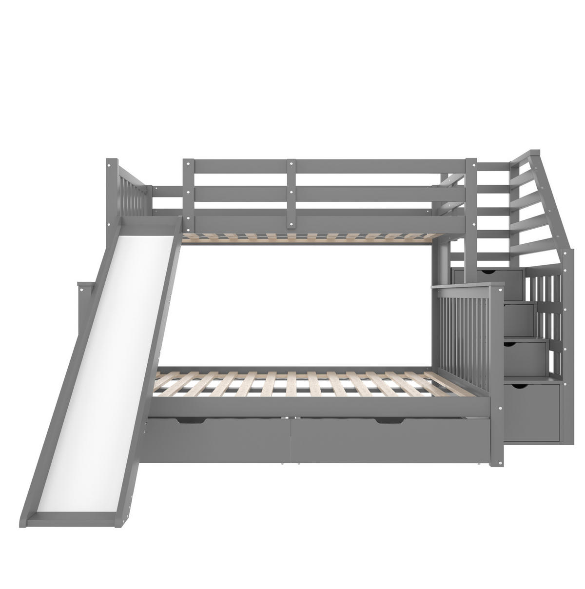 ETAGENBETT aus Kiefer 90x200/140x200 cm Grau mit Rutsche, Treppe und Schubladen - Grau, Holz (90/200cm) - Modfu