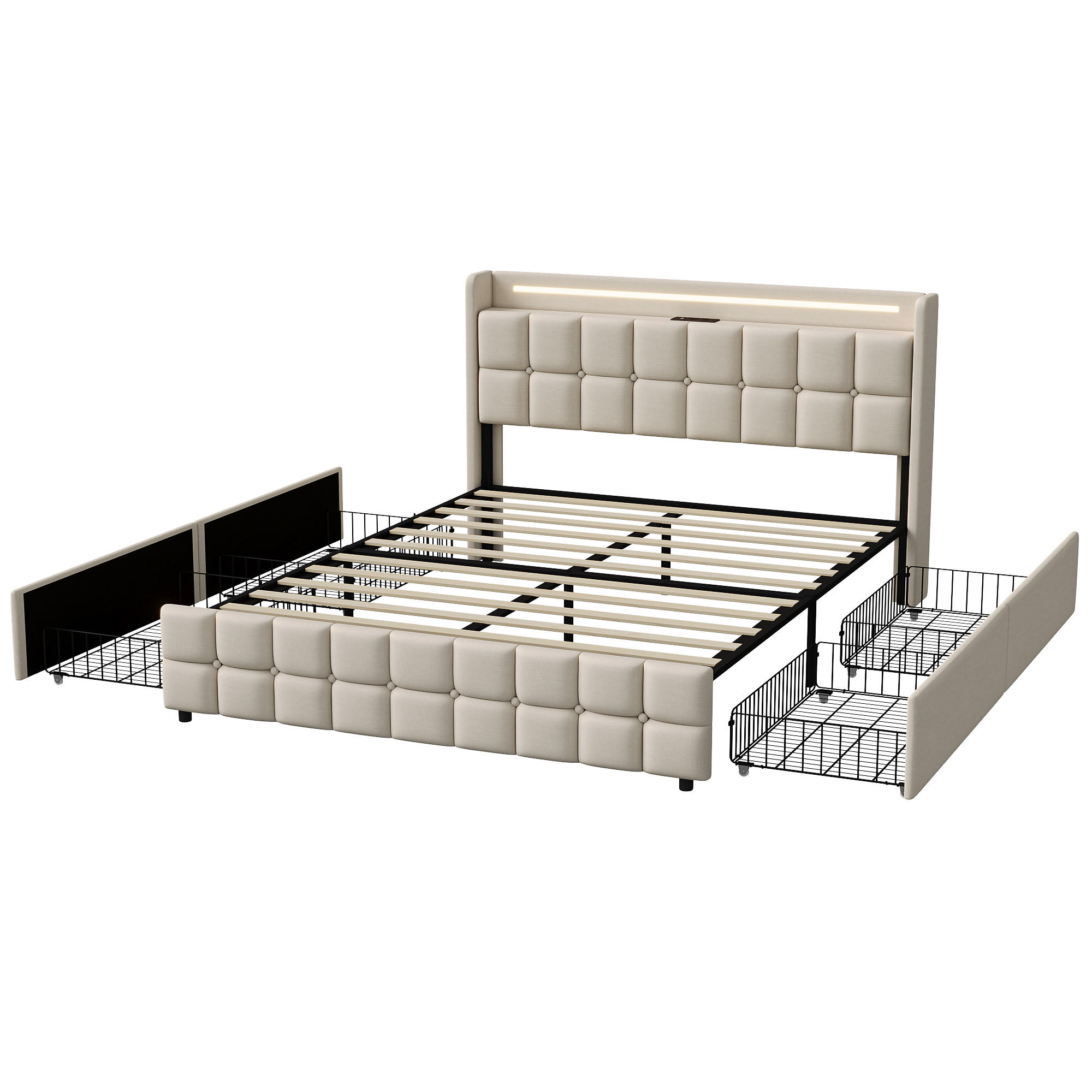 POLSTERBETT 180x200 cm LED Kopfteil 4 Schubladen USB beige - Beige, Holz (180/200cm) - LEBENLANG