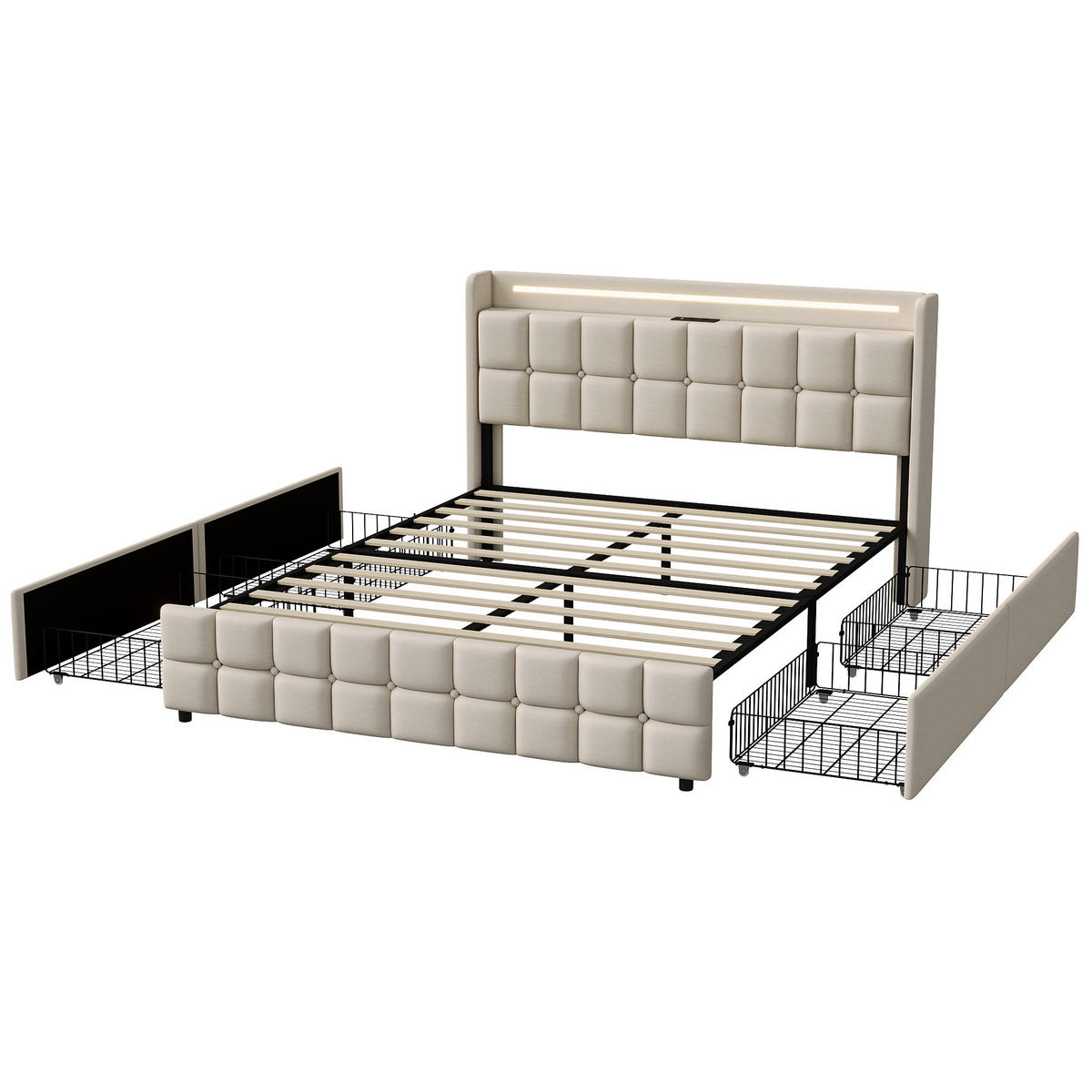 POLSTERBETT 180x200 cm LED Kopfteil 4 Schubladen USB beige - Beige, Holz (180/200cm) - LEBENLANG