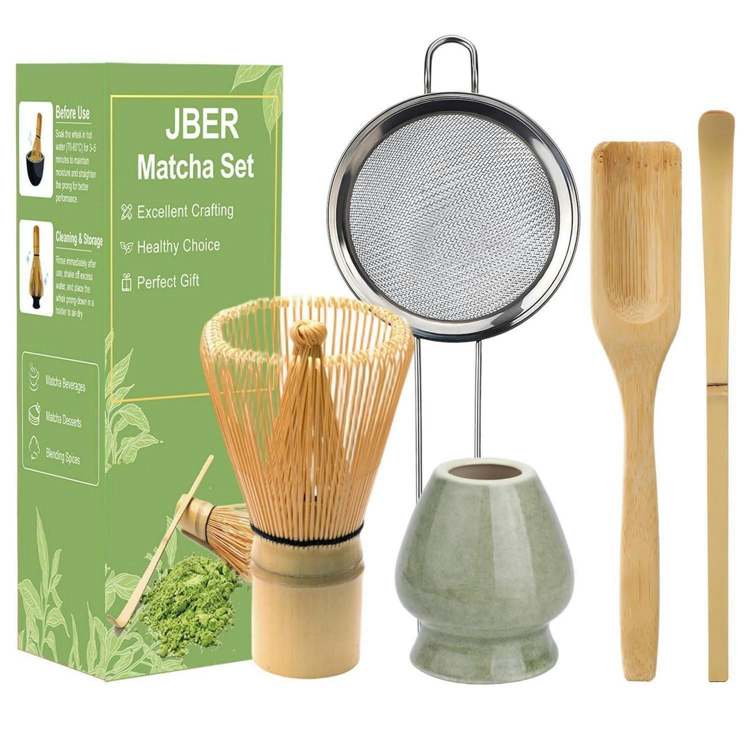 MATCHA Set 5-teilig Bambus mit Besenhalter und Sieb - Grün, Naturmaterialien (10/10/10cm)