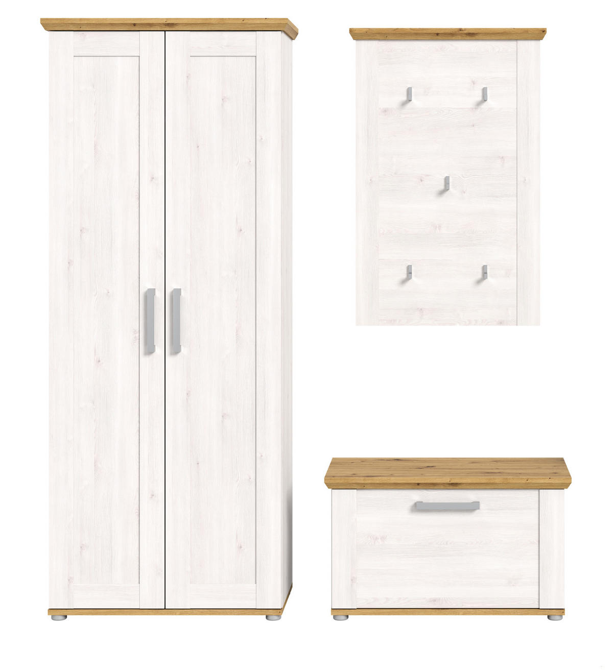 GARDEROBE Set 3-teilig weiß Lärche 175 cm, Komplettset im Landhaus-Stil - Silberfarben/Weiß, Holzwerkstoff/Kunststoff (175/196/39cm) - Inn.Furn