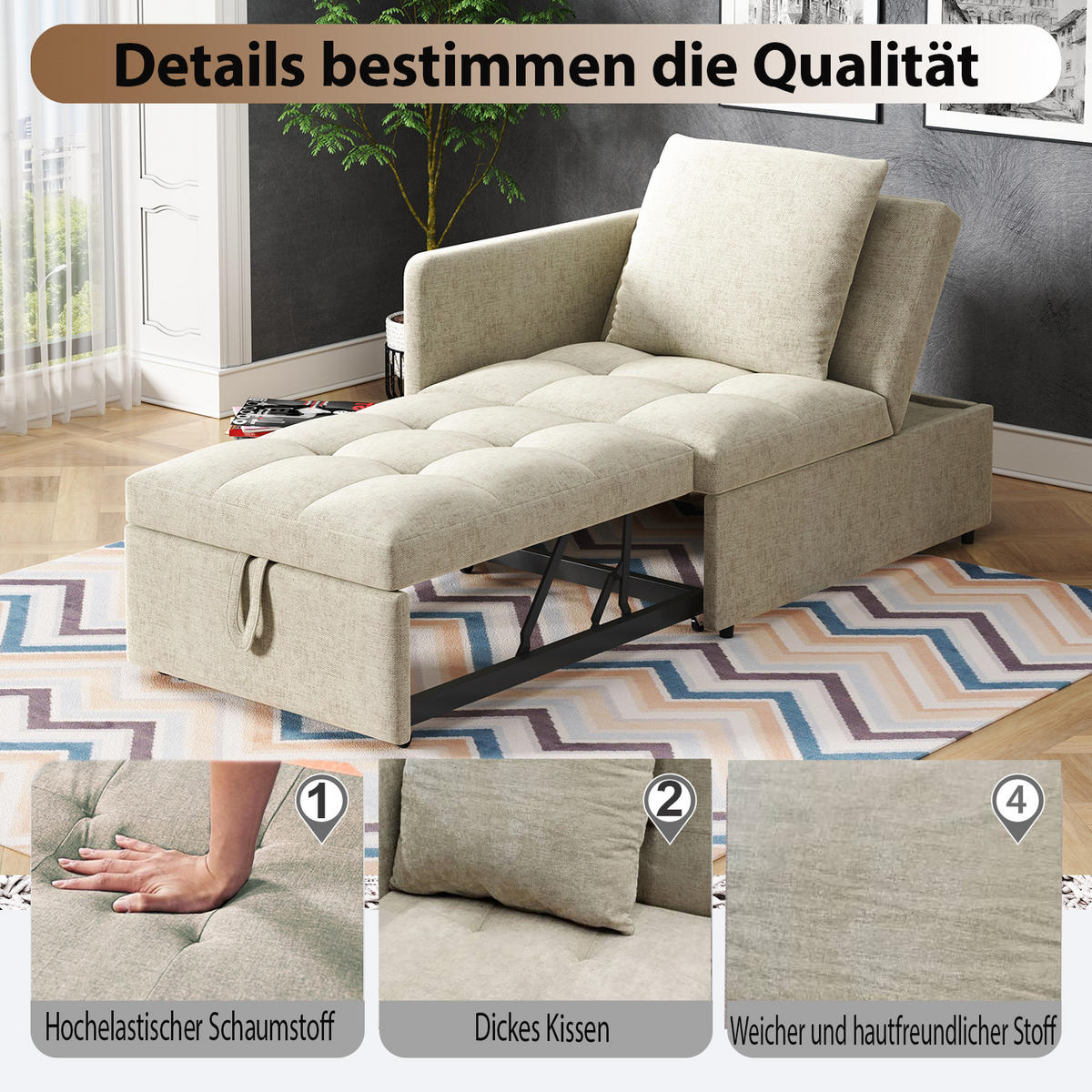 SCHLAFSOFA 3-in-1 Leinenstoff mit 5-fach verstellbarer Rückenlehne Beige 177/68/65 cm - Beige, Textil (68/65/177cm) - Redom