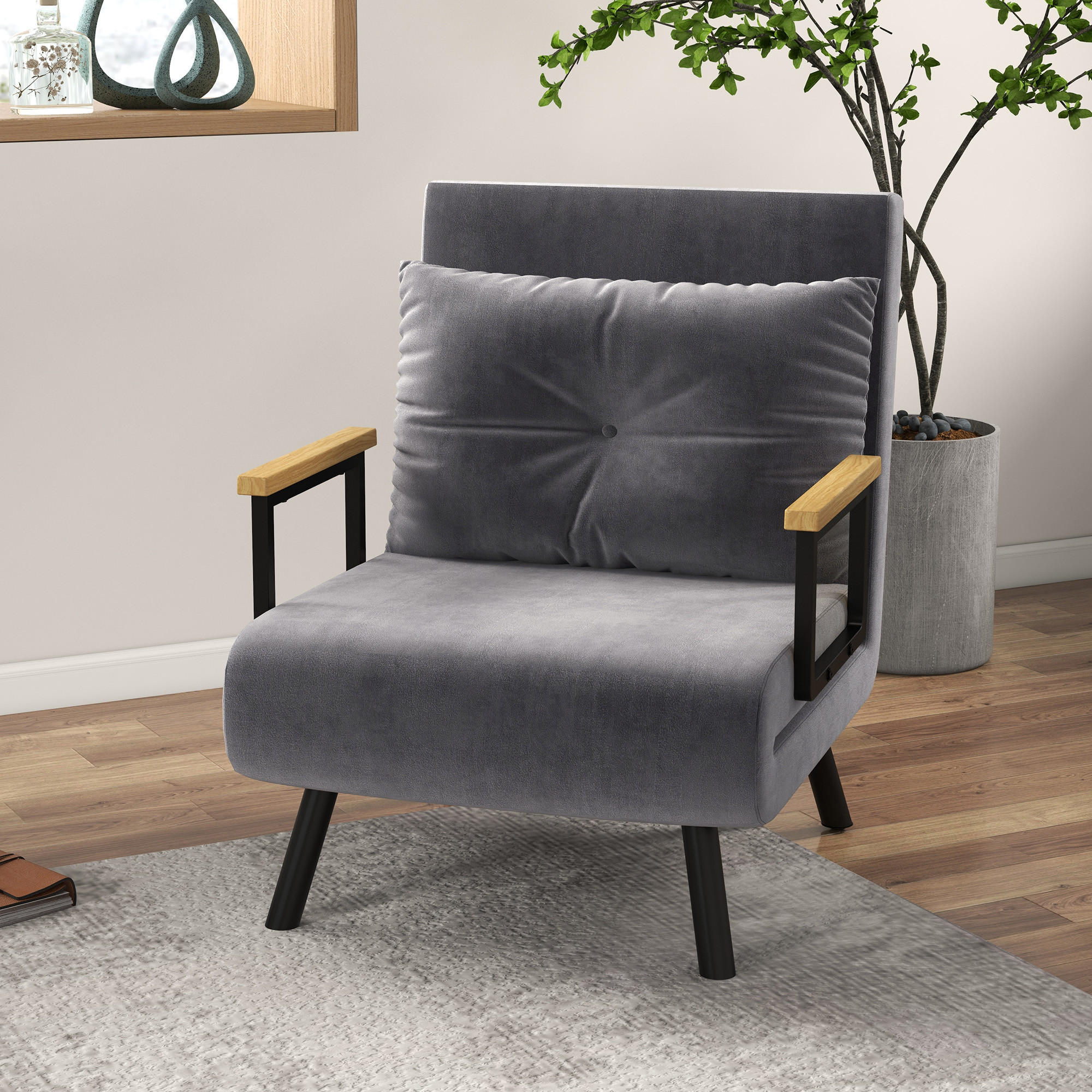 SCHLAFSESSEL, Einzelsofa mit Bettfunktion, Relaxsessel mit Rückenkissen Grau - Dunkelgrau/Schwarz, Holz/Textil (73/81/63cm) - HOMCOM