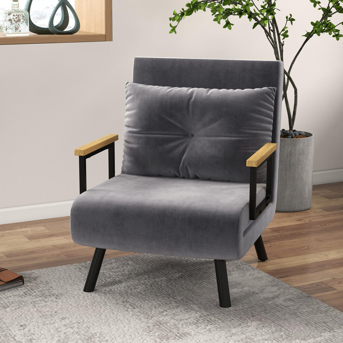 SCHLAFSESSEL, Einzelsofa mit Bettfunktion, Relaxsessel mit Rückenkissen Grau - Dunkelgrau/Schwarz, Holz/Textil (73/81/63cm) - HOMCOM