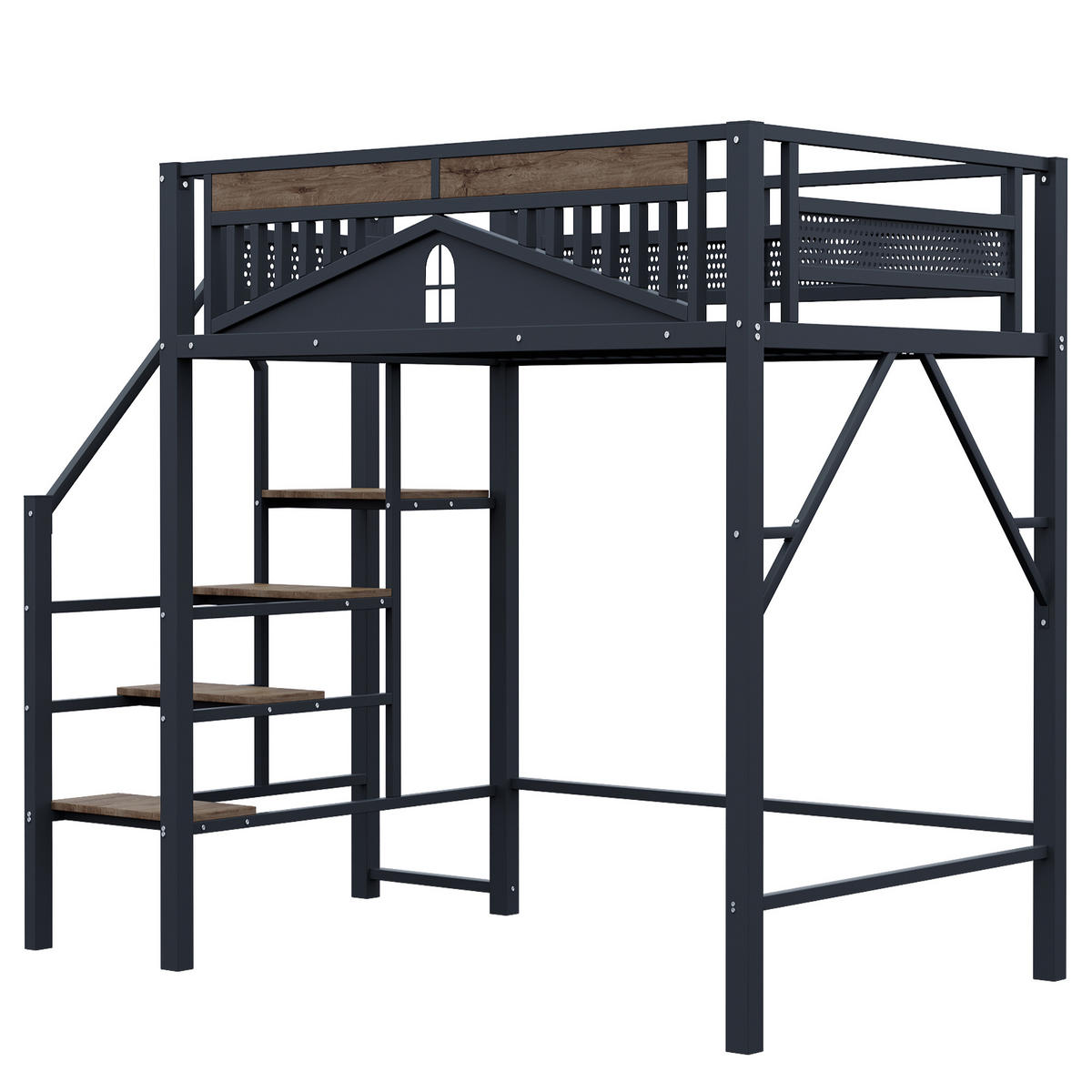 HOCHBETT 140/200 cm DE-01435, in Schwarz, mit Sicherheitsumrandung und Leiter - Schwarz, Metall (140/200cm) - ComfortXL