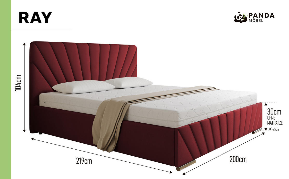 POLSTERBETT Ray 180 x 200 cm mit Bettkasten und Lattenrost taschenfederkernmatratze 19cm- rot - Rot, Holz (180/200cm) - Panda Möbel
