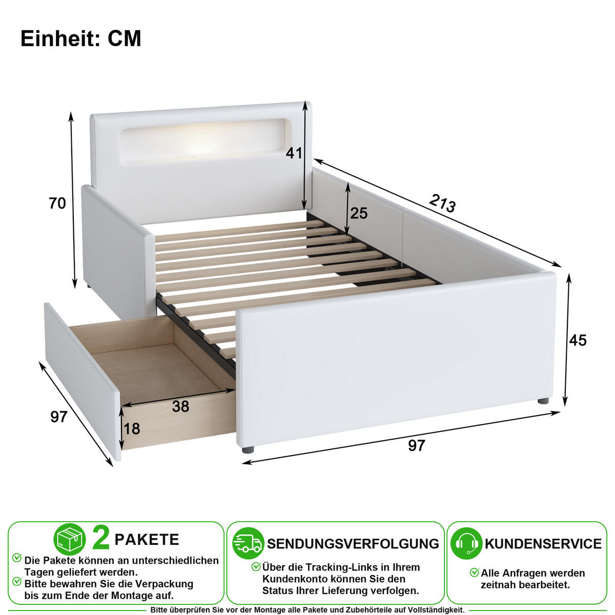 KINDERBETT 90/200 cm in Weiß mit LED, USB und Stauraum - Weiß, Holzwerkstoff/Textil (90/200cm) - CHICFURN