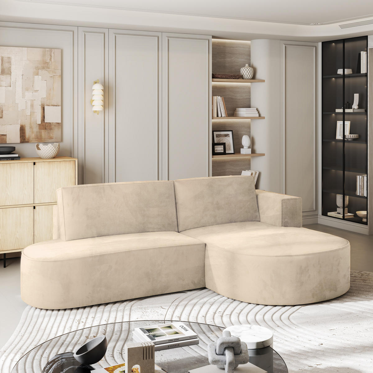 ECKSOFA CORTIO M R-S Creme Velours-Stoff mit Schlaffunktion - Creme, Holz (265/174cm) - MASSENO