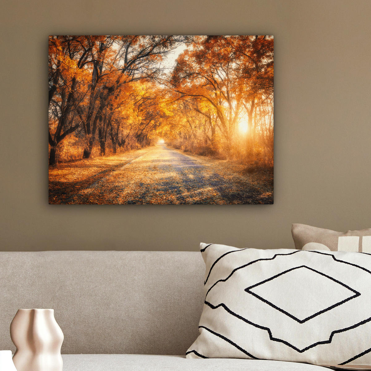 LEINWANDBILD Wald - Herbst - Bäume - Waldweg - Natur 40x30 cm - Bernsteinfarben, Textil (40/30cm) - MuchoWow