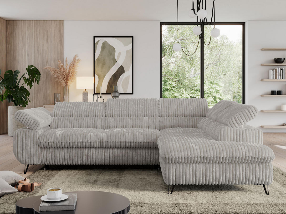 ECKSOFA PEDRO L Hellgrau Cord - Rechts Seite - Hellgrau/Schwarz, Textil/Metall (273/208cm) - MKS