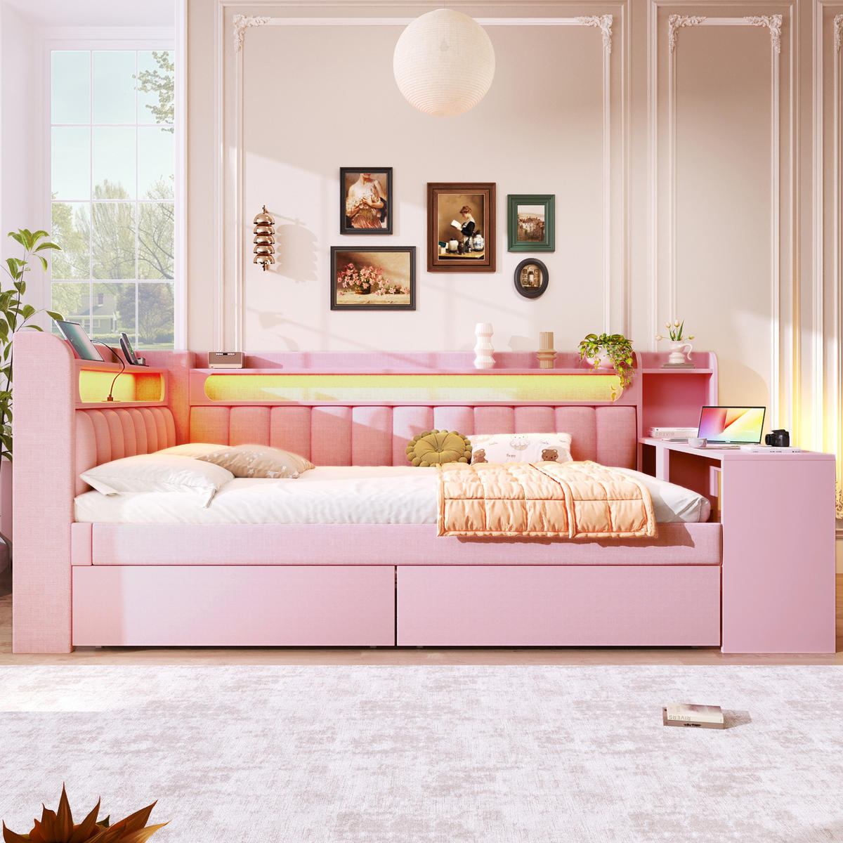 BETT 140/200 cm in Rosa Stoff mit 2 Schubladen, LED, USB und Schreibtisch - Rosa, Holzwerkstoff/Textil (140/200cm) - WISHDOR