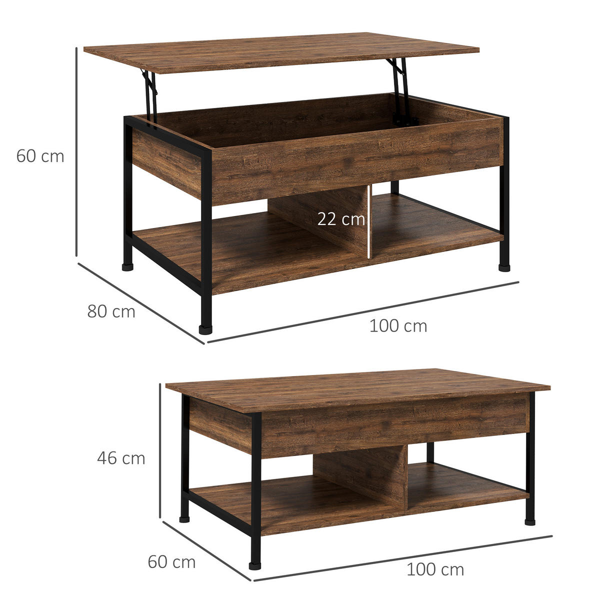 COUCHTISCH DE-15750 klappbare Platte Rostbraun - Braun, Holzwerkstoff (100/60/46cm) - ComfortXL