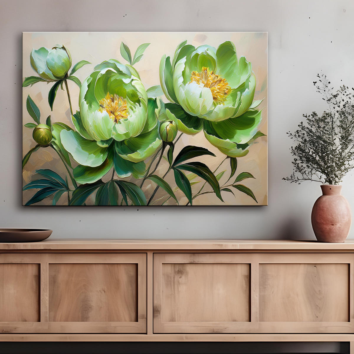 WANDBILD zusammensetzung der grünen pfingstrosenblumen - Grün, Textil (60/40cm) - Feeby