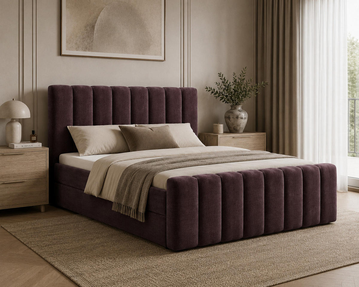 BOXBETT 01 BIS 160 x 200 cm - Vibe - Modernes Polsterbett mit Bettkasten inkl. PU-Schaum-Topper und Federmechanismus - Bordeaux, Holz (160/200cm) - ROYAL24_MARKT