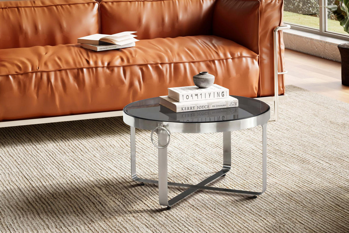 COUCHTISCH Glas Metall Rund 60x60x34 cm mit Griffen Silber Modern - Silberfarben, Glas/Metall (60/60/34cm) - KADIMA DESIGN
