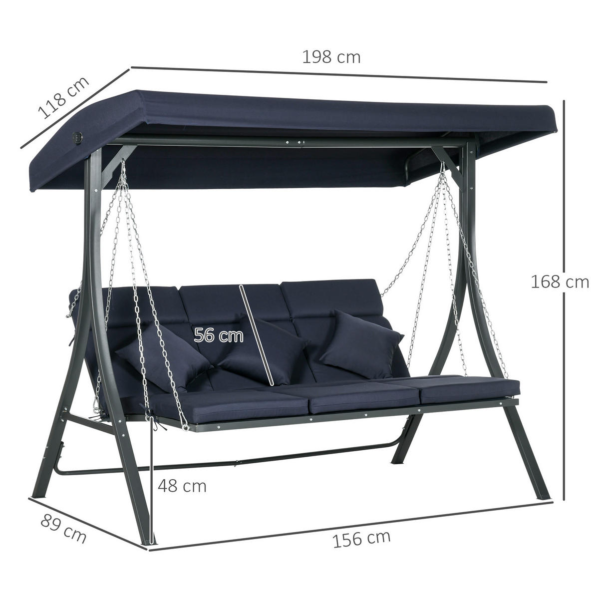 HOLLYWOODSCHAUKEL aus Eisen 156x89x168 cm in Dunkelblau mit verstellbarem Sonnendach - Dunkelblau, Metall (89/168/156cm) - Modfu