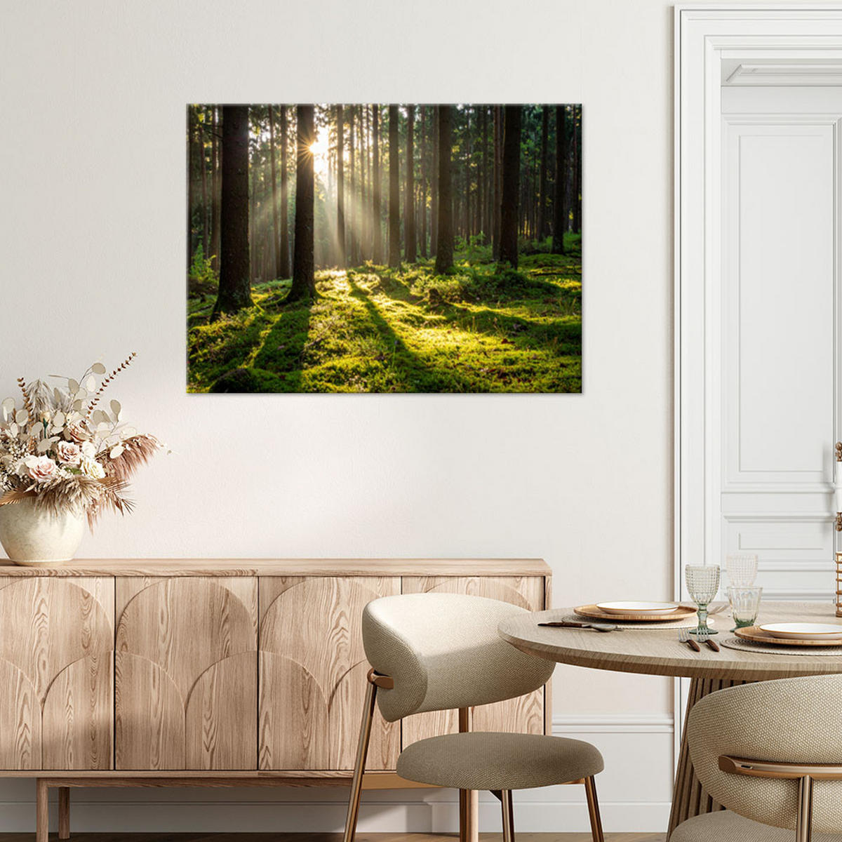 LEINWANDBILD Wald Bäume Sonnenaufgang 120x80cm - Grün, Textil (120/80cm) - Feeby