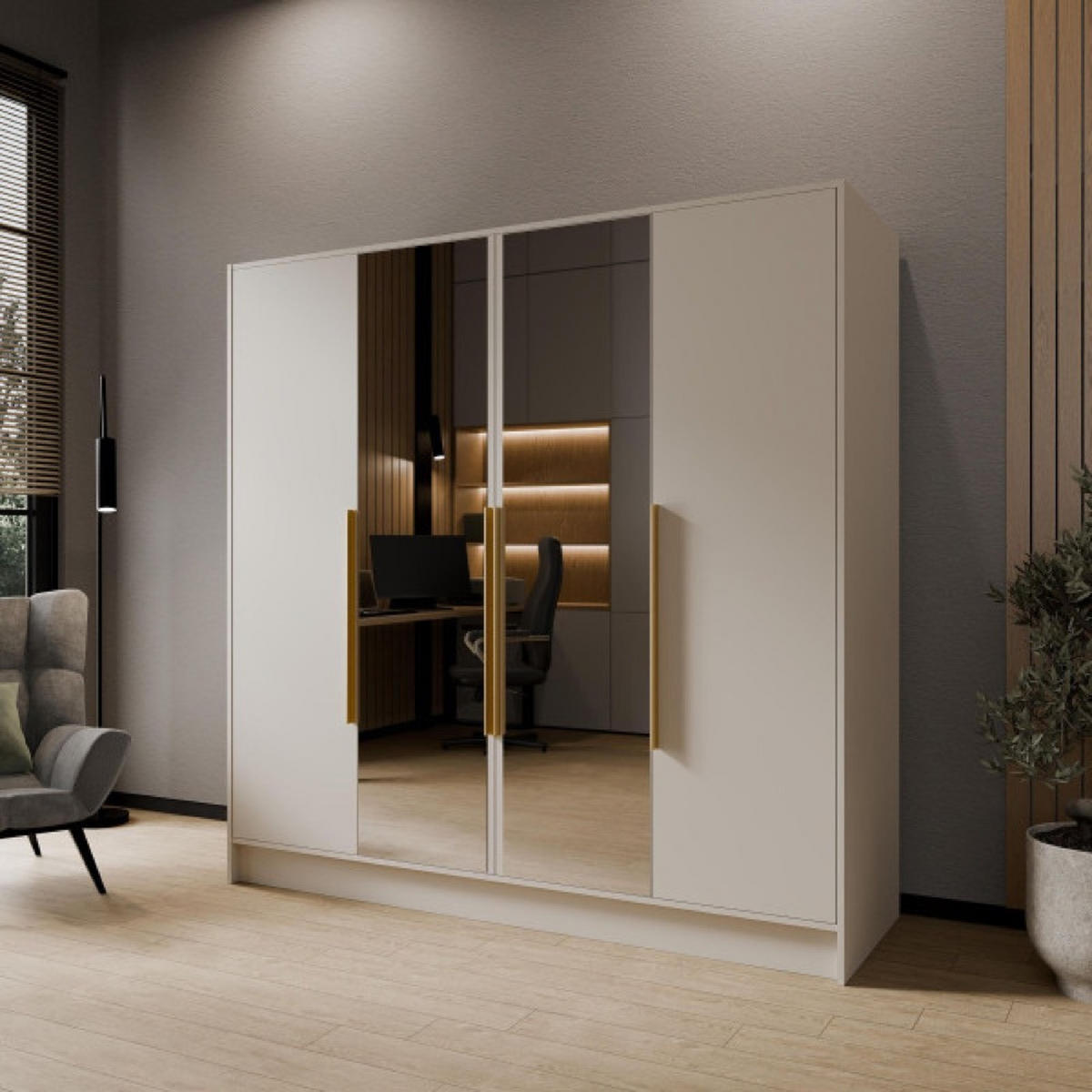 SCHRANK Kaschmir LUSO Mit Spiegel Und Goldenen Griffen 200 g - Kaschmir/Beige, Holzwerkstoff (200/200/51cm) - Sepro Meble