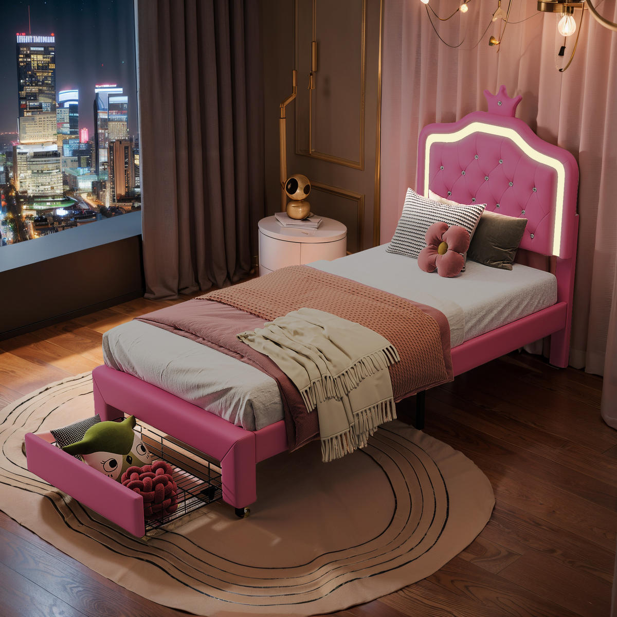 POLSTERBETT 90x200 cm, Rosa, mit LED-Leuchten & Schubladen - Rosa, Textil/Metall (90/200cm)
