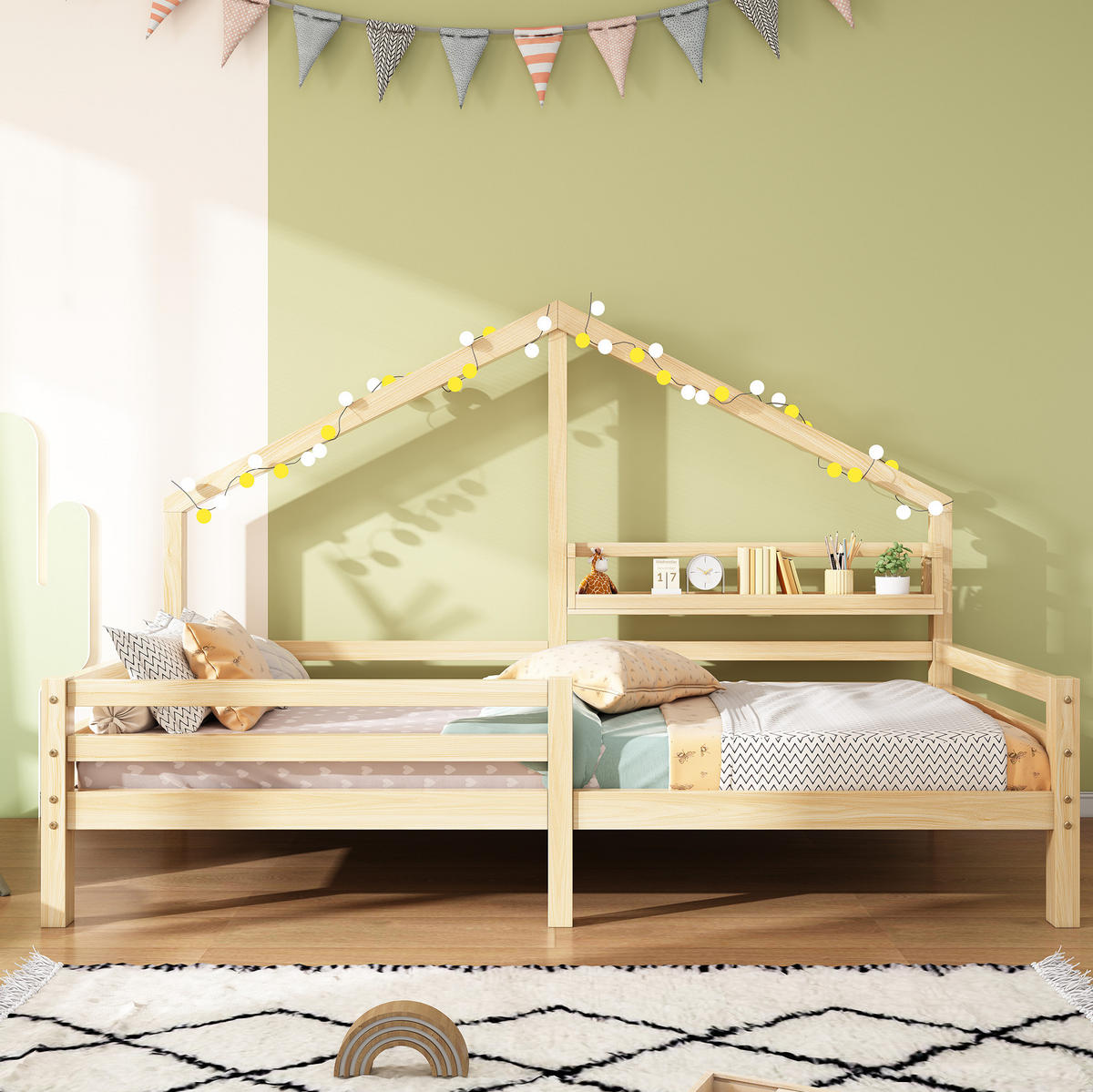 KINDERBETT 90/200 cm mit Bücherregal, Hausform aus Kiefernholz mit Schutzzaun, Natur - Naturfarben, Holzwerkstoff (90/200cm) - Redom
