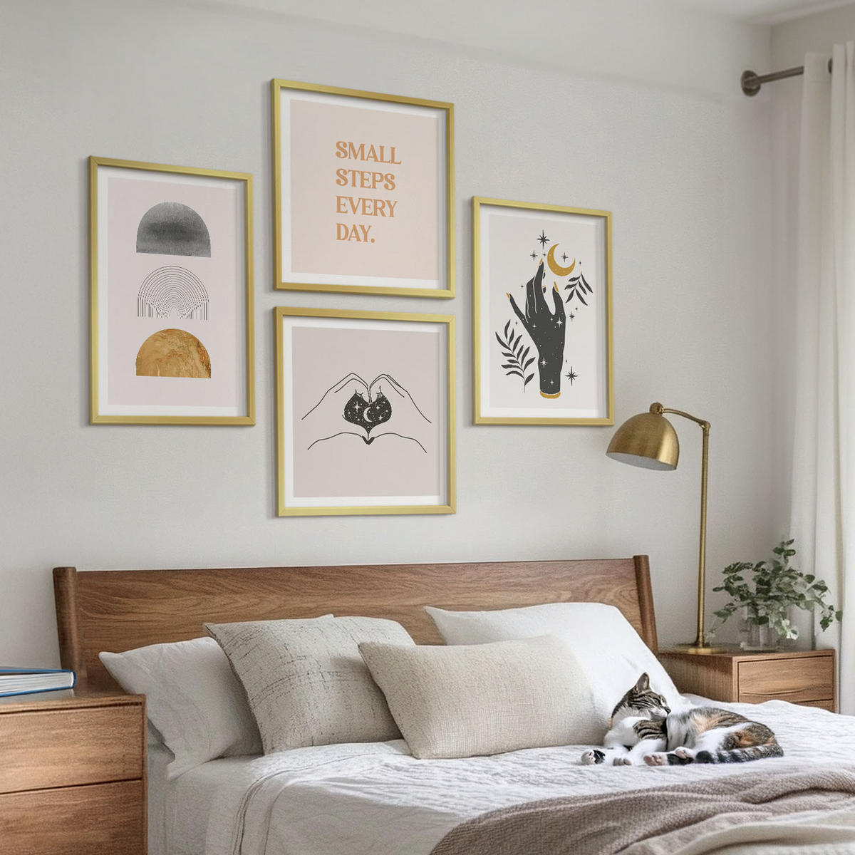 WANDBILDER 4er Set - 50x50 cm & 40x60 cm Goldrahmen - Minimalistische Boho-Illustrationen - Goldfarben, Kunststoff (50/50cm) - ArtPrintCave