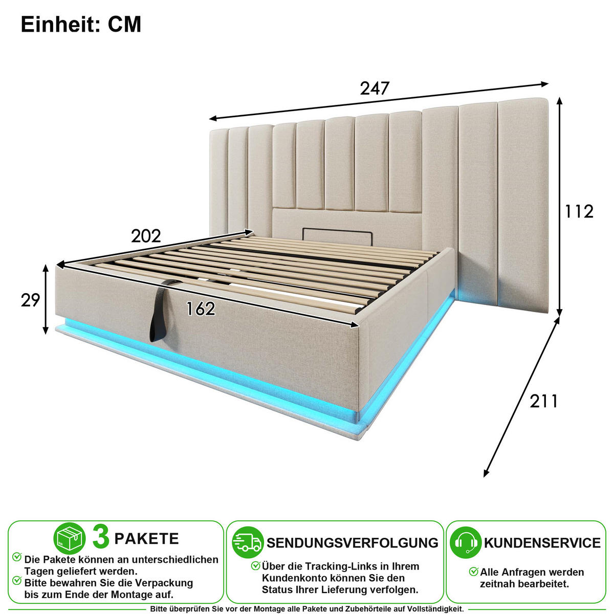 POLSTERBETT 160/200 cm in Beige mit Bettkasten, LED und USB Type-C Leinen - Beige, Holzwerkstoff/Textil (160/200cm) - CHICFURN