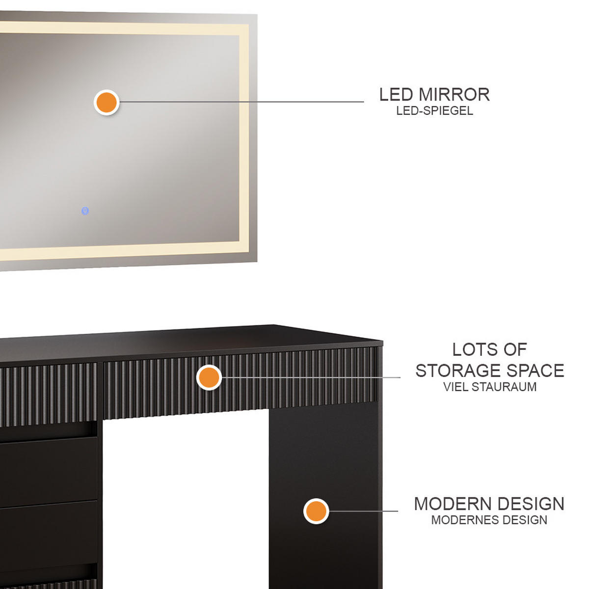 SCHMINKTISCH Omira Schwarz 120 cm mit LED-Spiegel - Schwarz, Holzwerkstoff (120/76/55cm) - Vicco