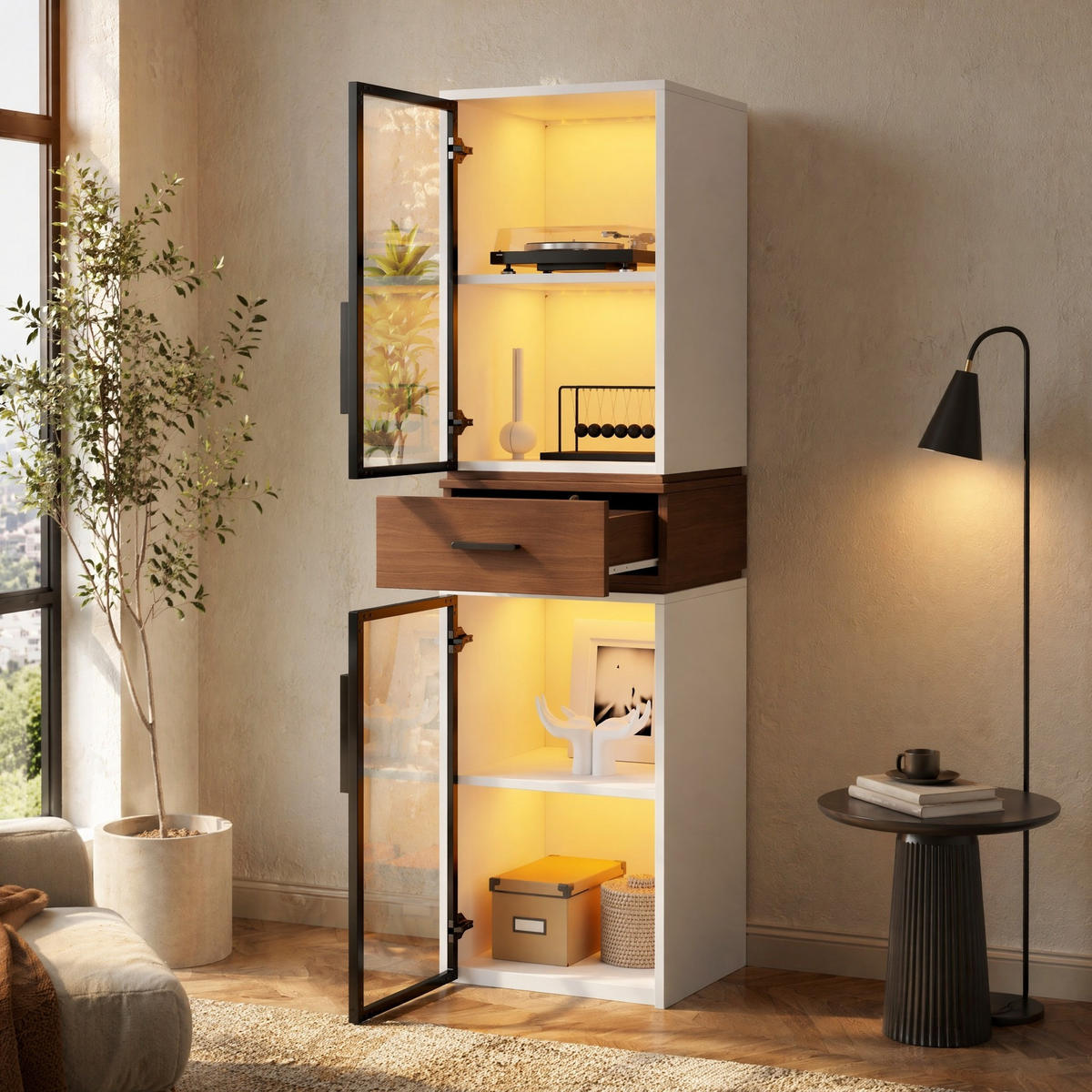 VITRINE in Weiß Highboard mit LED und Schublade für Wohnzimmer, Arbeitszimmer und Essbereiche, B40/T40/H200 cm - Weiß, Glas/Holzwerkstoff (40/200/40cm) - STILVORA