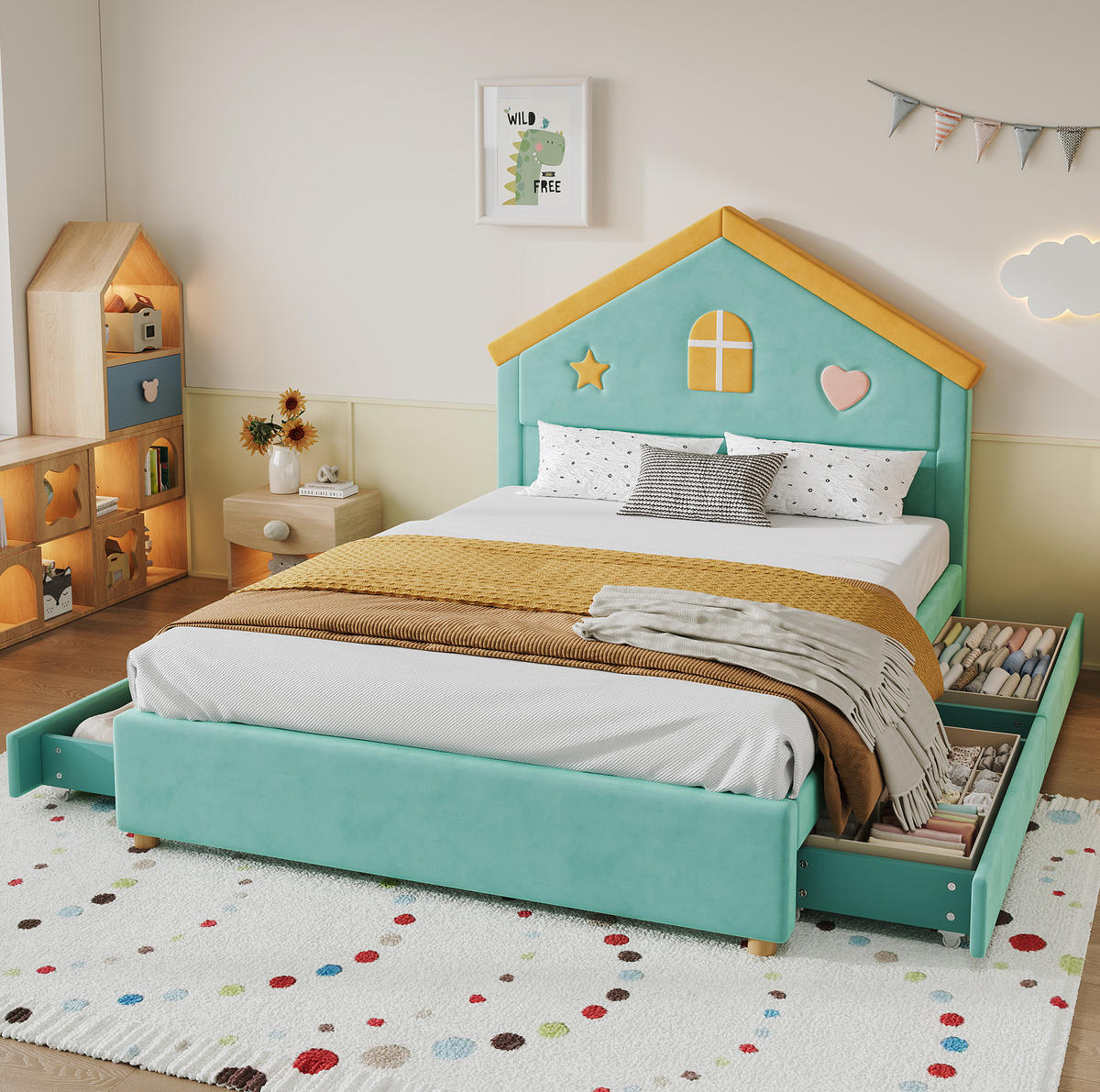 KINDERBETT aus Samt 140x200 cm Blaugrün mit 4 Schubladen, Haus-Design und gepolstertem Kopfteil - Blau, Textil (140/200cm) - Modfu