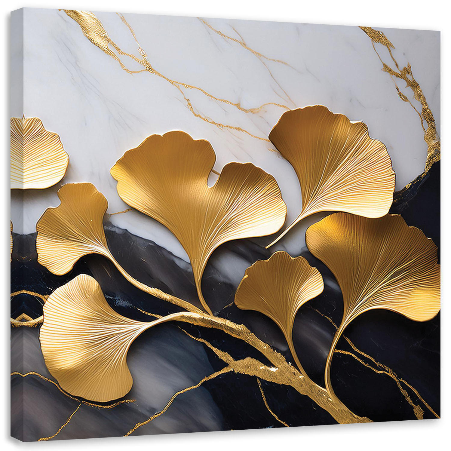 LEINWANDBILD Ginko Blumen Botanik Marmor Grau Gold 50x50cm - Goldfarben, Textil (50/50cm) - Feeby