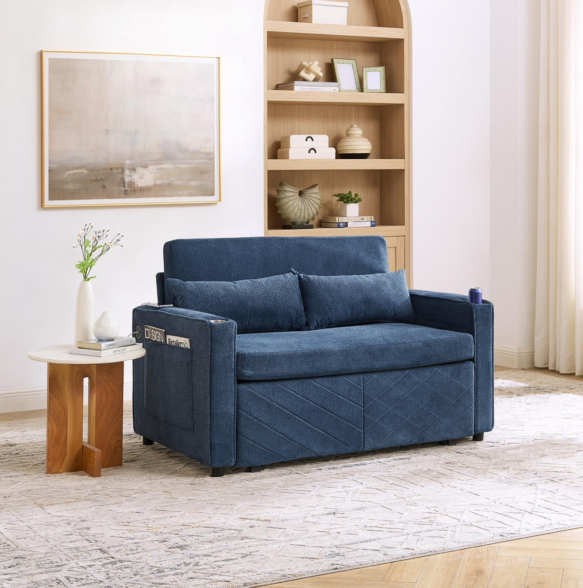 SCHLAFSOFA 3-in-1 mit USB-Ladeports Holz Stoff Navy Blue - Blau, Holz (134/73/195cm) - Meubliv