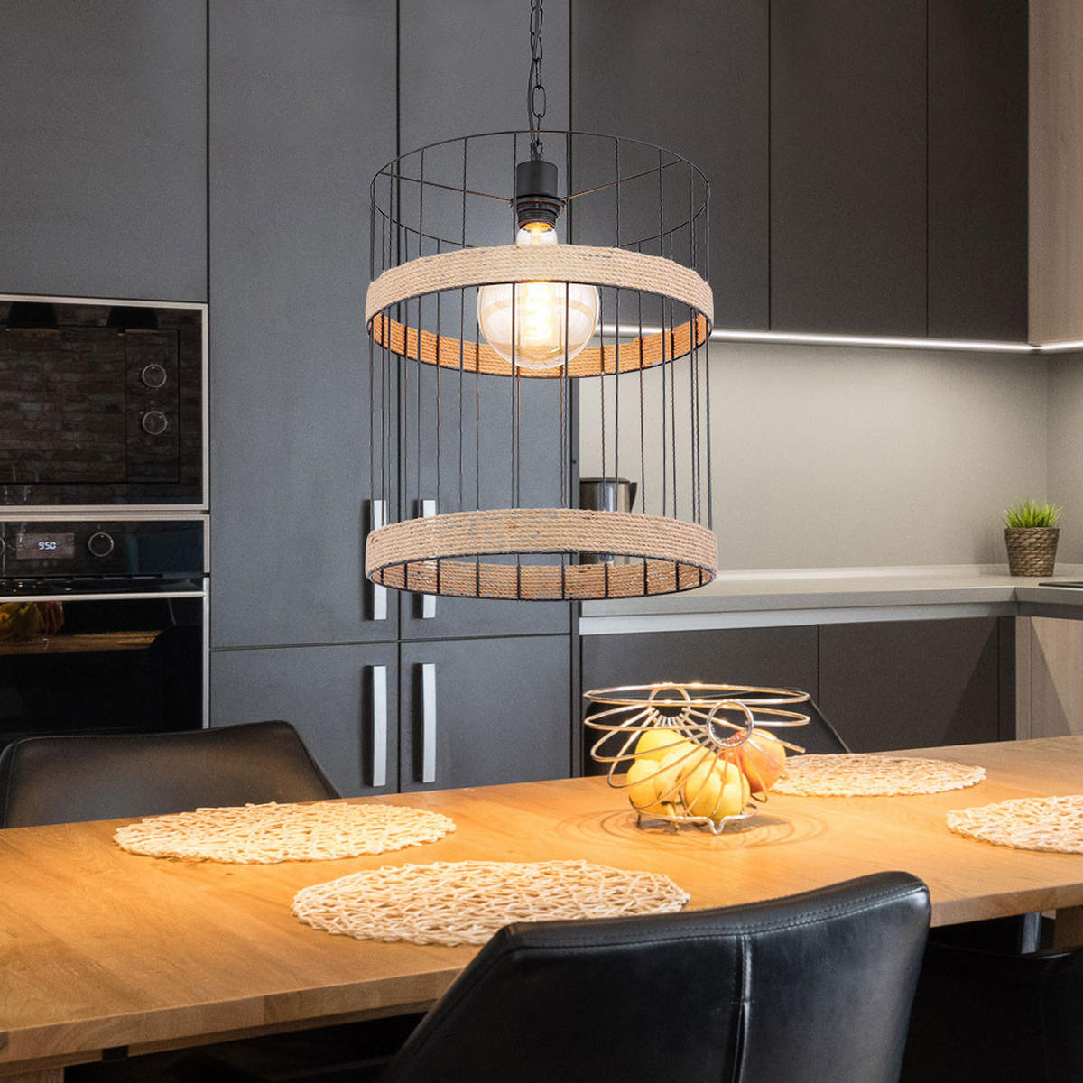 HÄNGELEUCHTE Gitteroptik Schwarz Hanfseil - Schwarz, Metall (35/35/145cm) - Globo Lighting